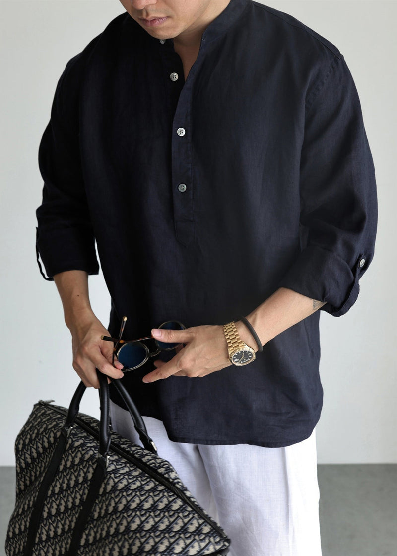 Navy Button Loose Linen Shirts Stand Collar
