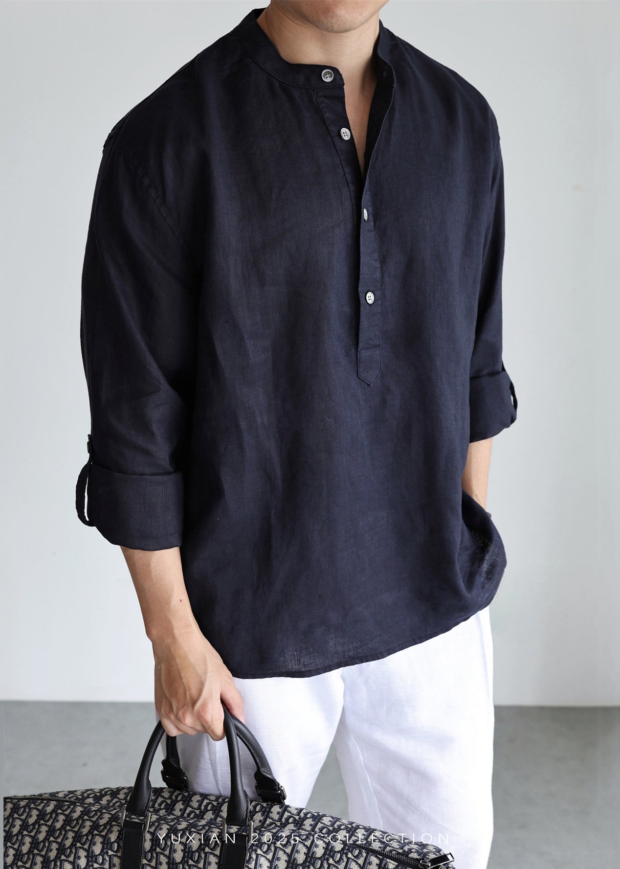 Navy Button Solid Loose Linen Shirts Mens Stand Collar