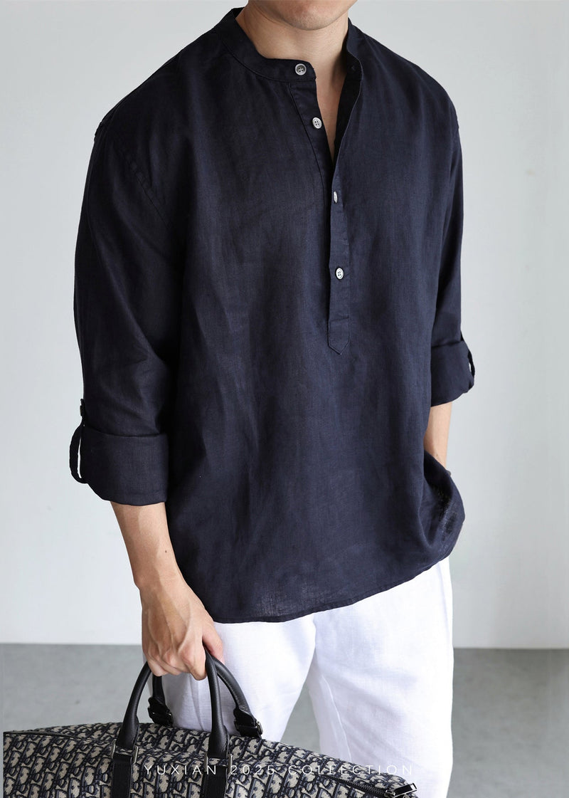 Navy Button Loose Linen Shirts Stand Collar