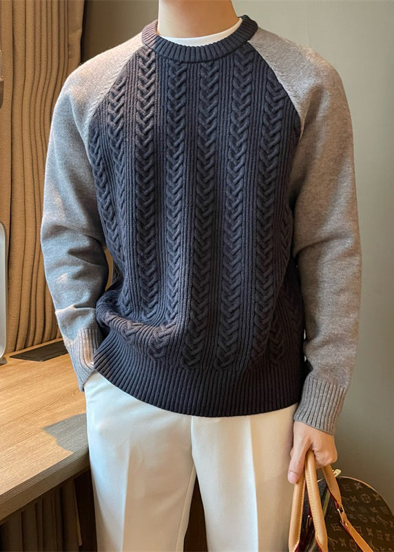 Navy Cozy Patchwork Cable Knit Fall Sweaters O Neck
