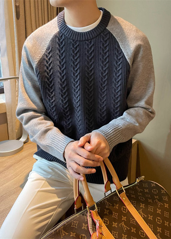 Navy Cozy Patchwork Cable Knit Fall Sweaters O Neck
