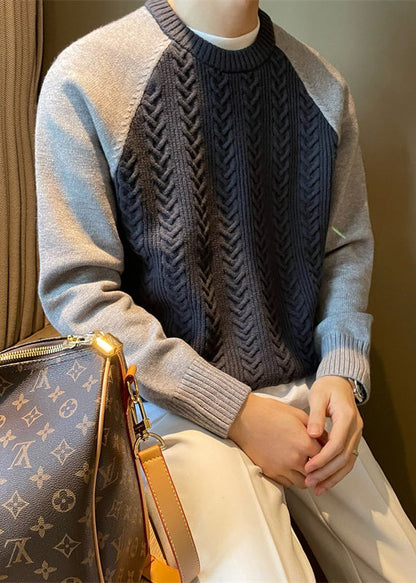Navy Cozy Patchwork Cable Knit Fall Sweaters O Neck
