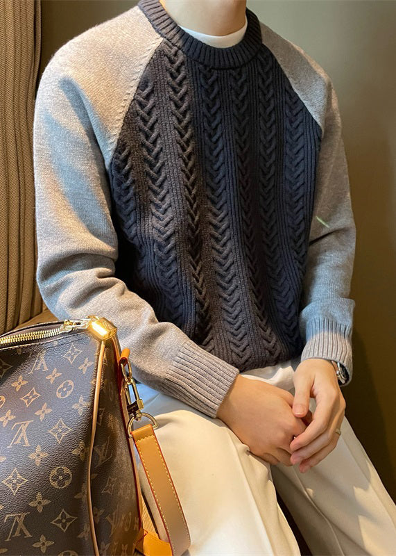 Navy Cozy Patchwork Cable Knit Fall Sweaters O Neck