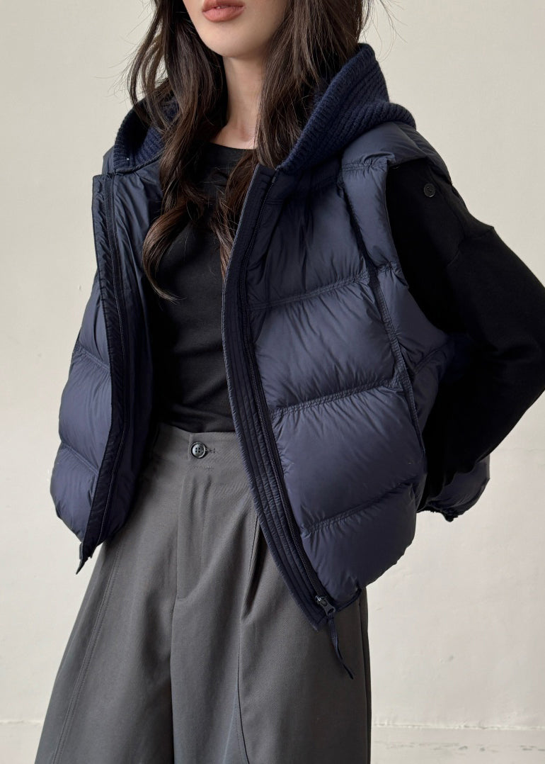 Navy Drawstring Patchwork Duck Down Waistcoat Zippered Winter