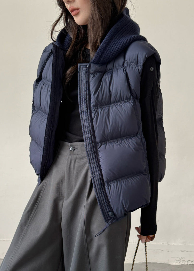 Navy Drawstring Patchwork Duck Down Waistcoat Zippered Winter