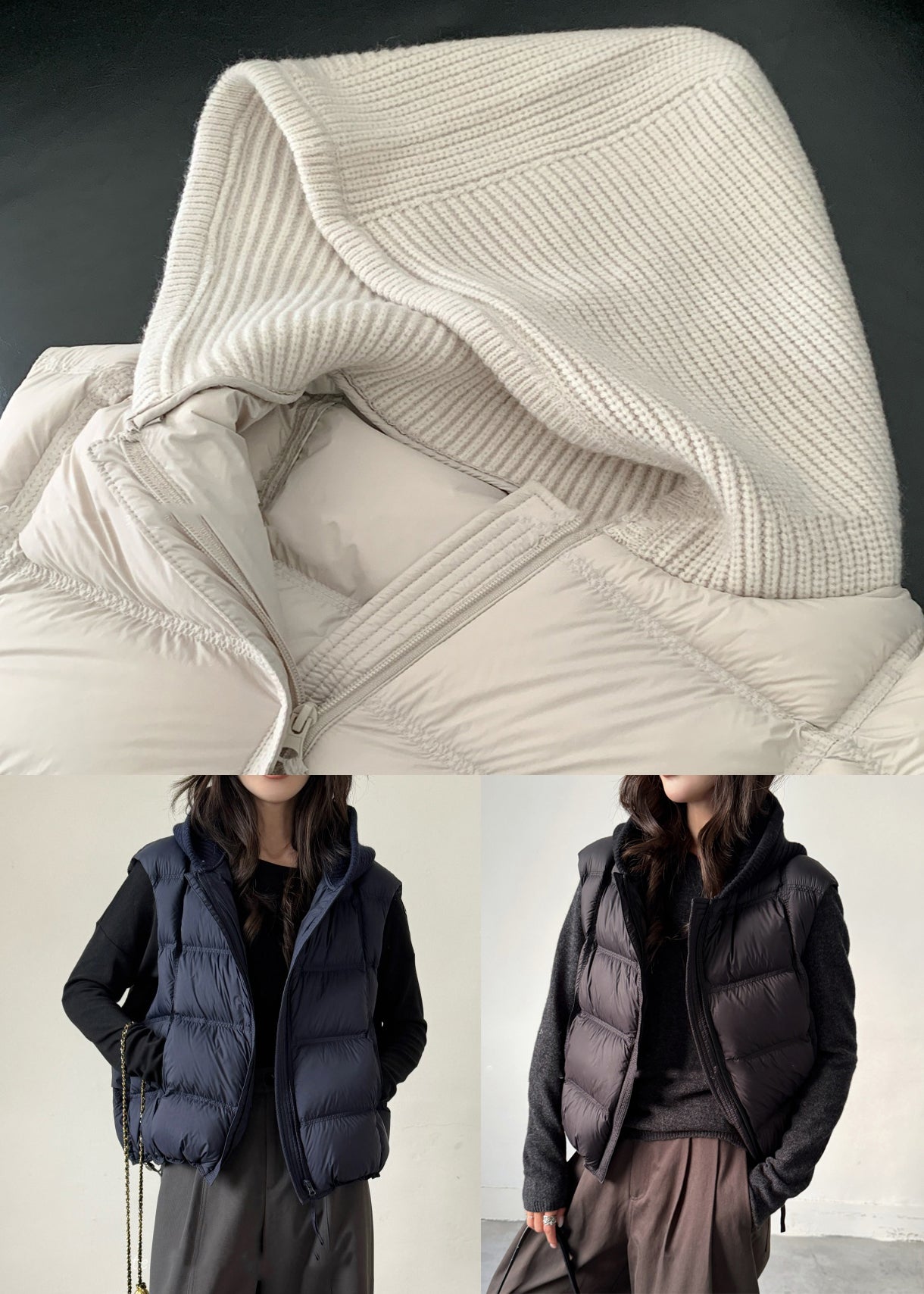Navy Drawstring Patchwork Duck Down Waistcoat Zippered Winter