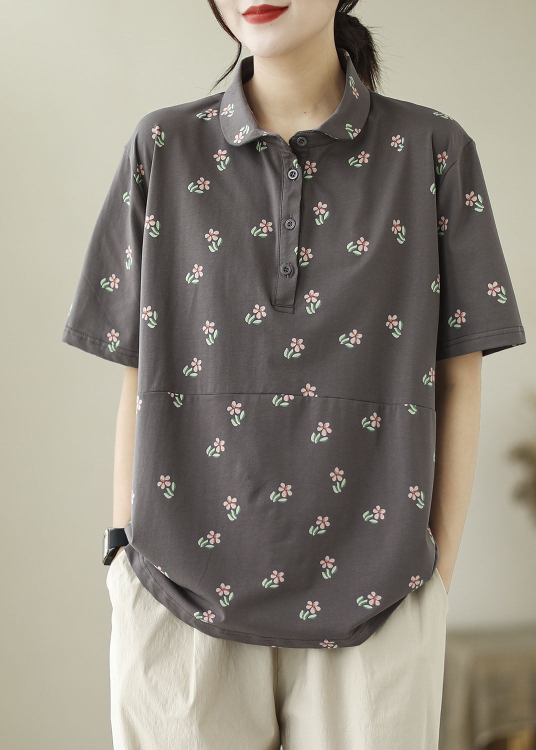 Navy Patchwork Cotton T Shirt Peter Pan Collar Summer