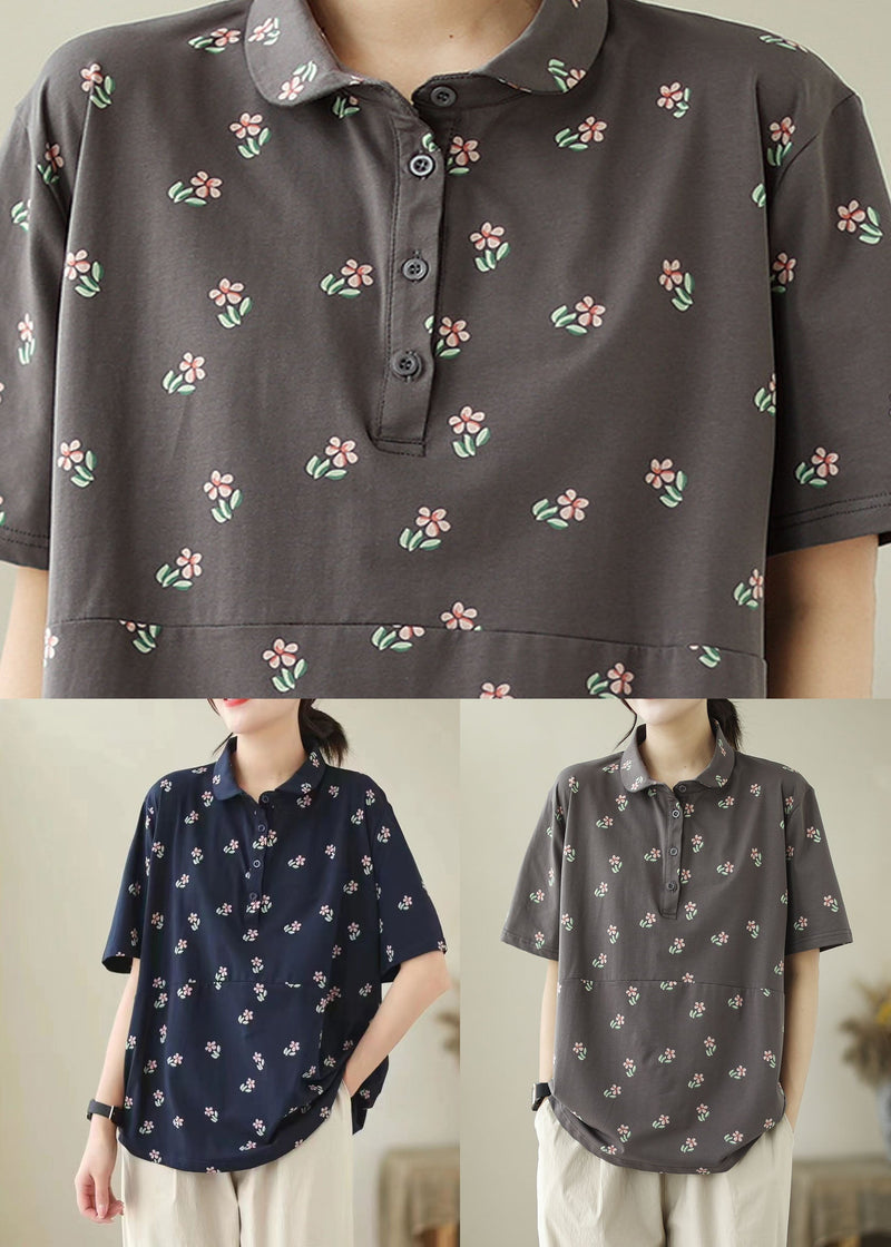 Navy Patchwork Cotton T Shirt Peter Pan Collar Summer