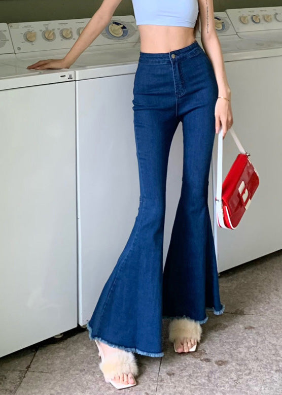 Navy High Waist Button Flared Trousers
