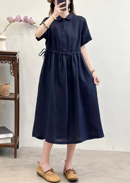 Navy Lace Up Linen Summer Long Dress Peter Pan Collar