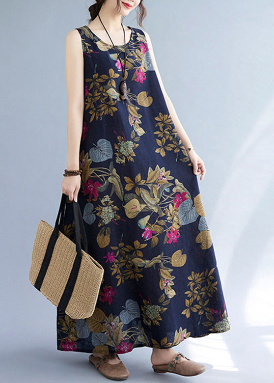 Navy Leaves Print O-neck Short Sleeve Pleated Summer