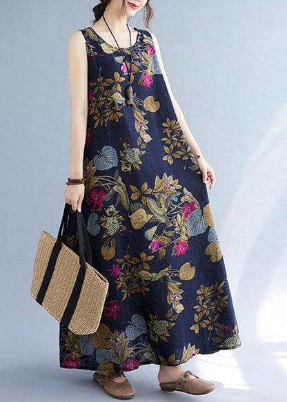 Navy Leaves Print O-neck Short Sleeve Pleated Summer