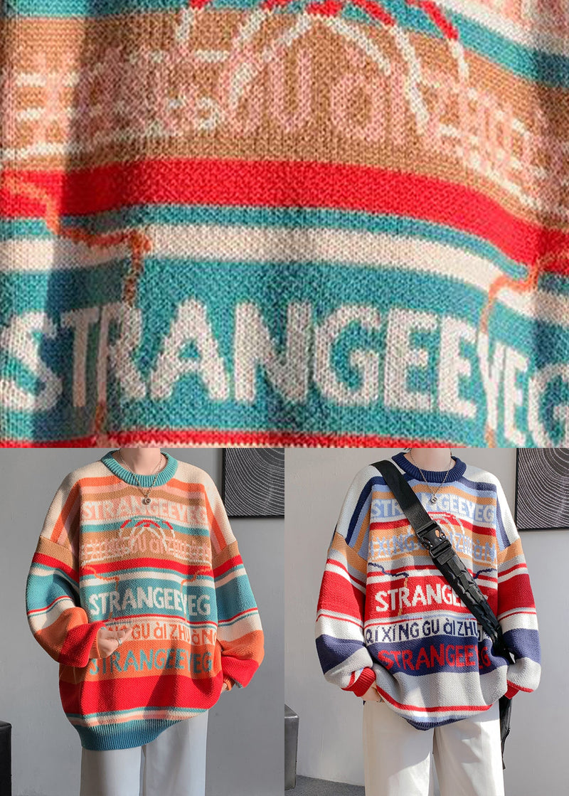 Navy Letter Patchwork Knit Sweater O Neck Winter