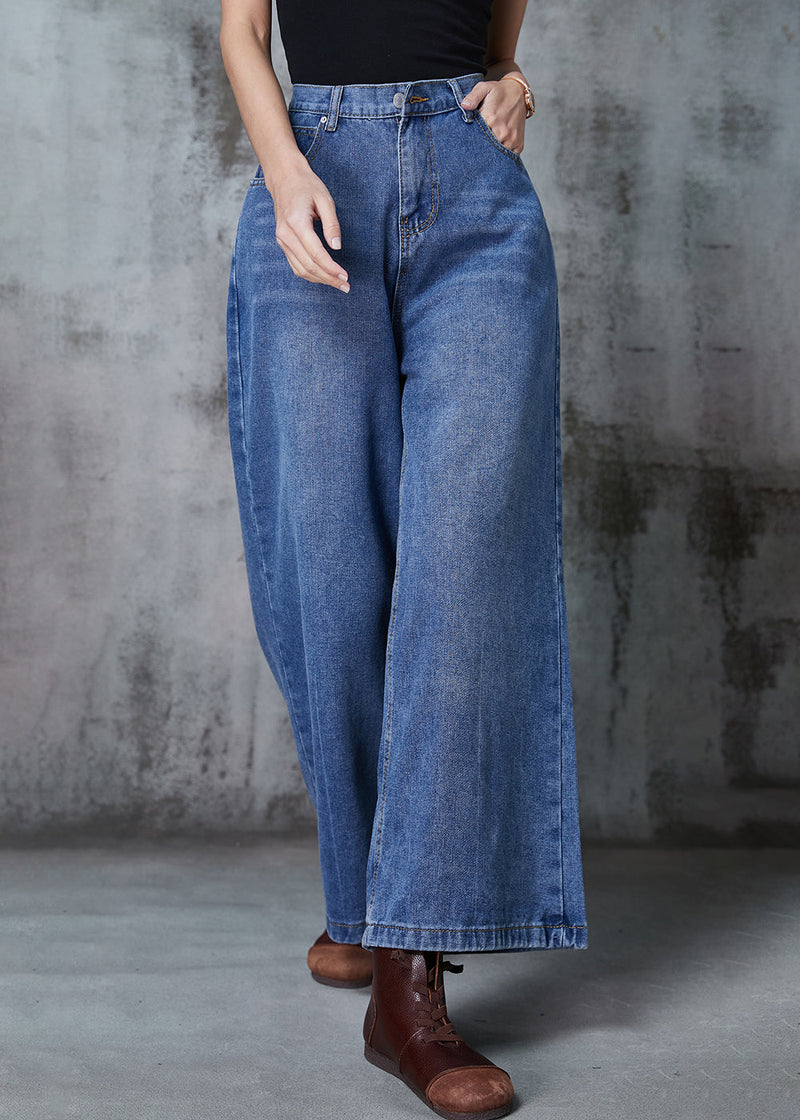 Navy Loose Denim Straight Pants High Waist Spring