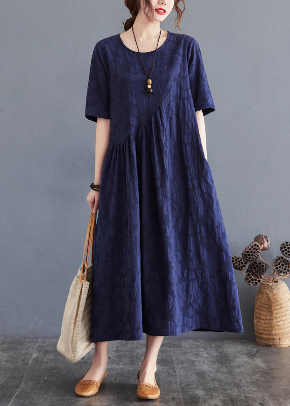 Navy Patchwork Cotton Dresses O-neck Wrinkled Summer