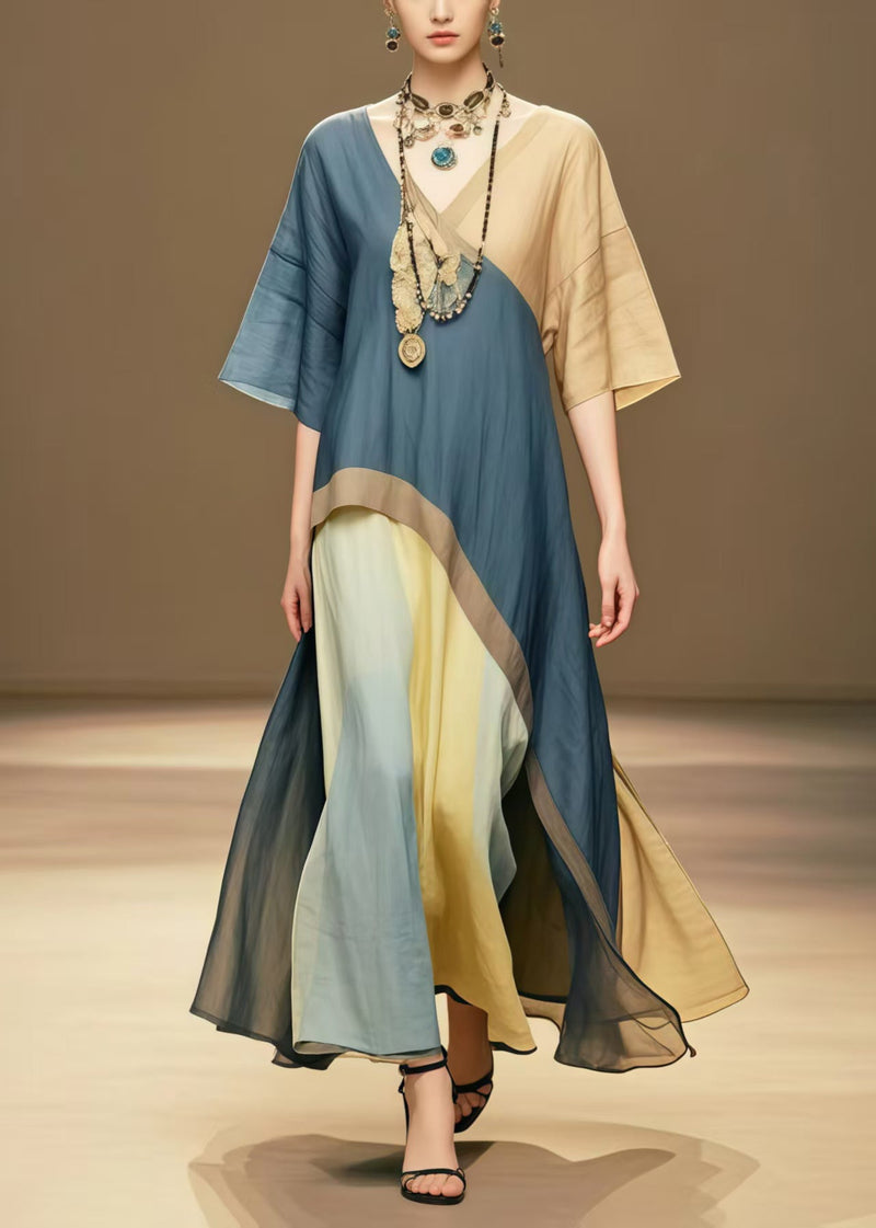 Navy Patchwork Cotton Long Dresses Asymmetrical Design Summer
