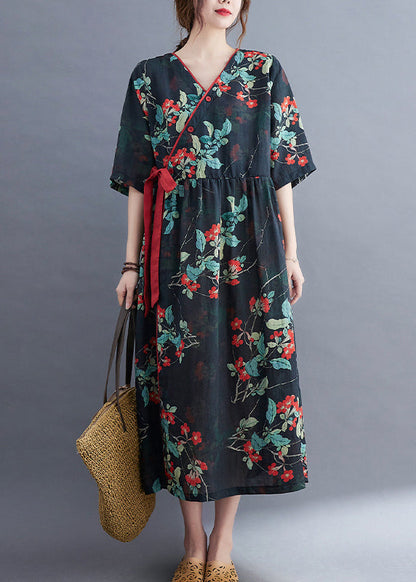 Navy Patchwork Linen Holiday Dresses Tie Waist Short Sleeve