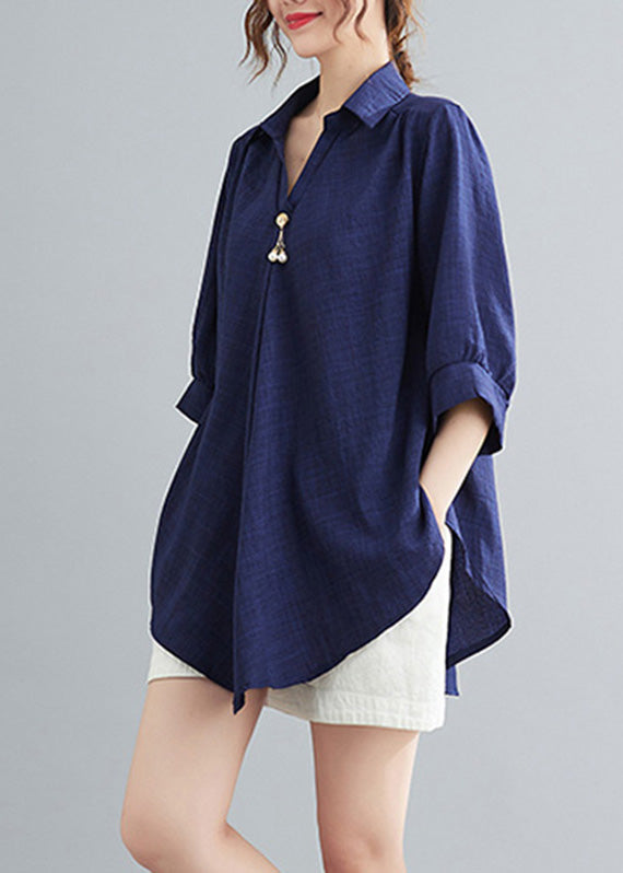Navy Patchwork Linen Shirt Half Sleeve