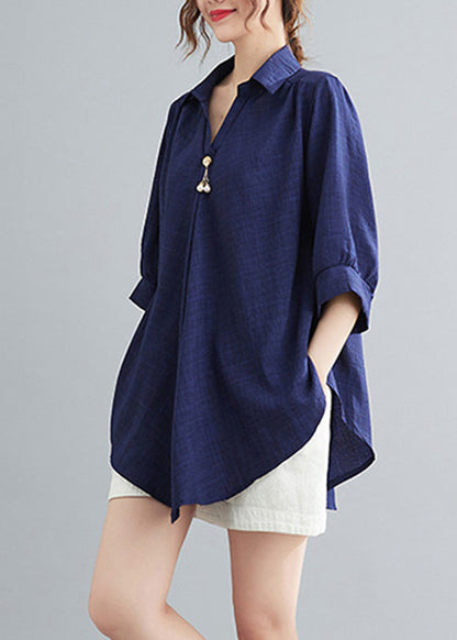 Navy Patchwork Linen Shirt Half Sleeve