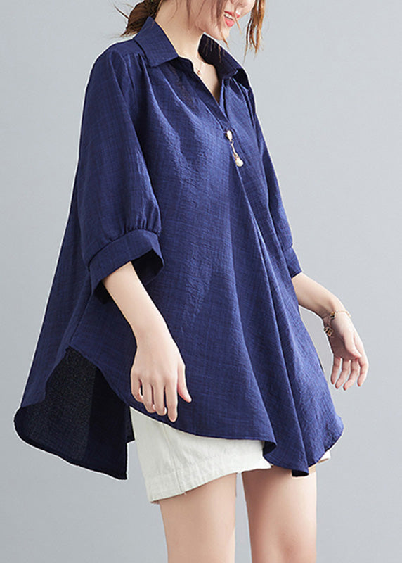 Navy Patchwork Linen Shirt Half Sleeve