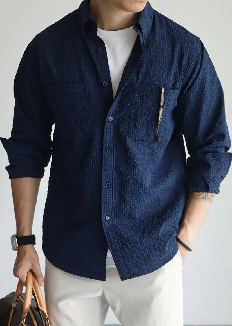 Navy Pockets Cotton Fall Hawaiian Shirts Peter Pan Collar