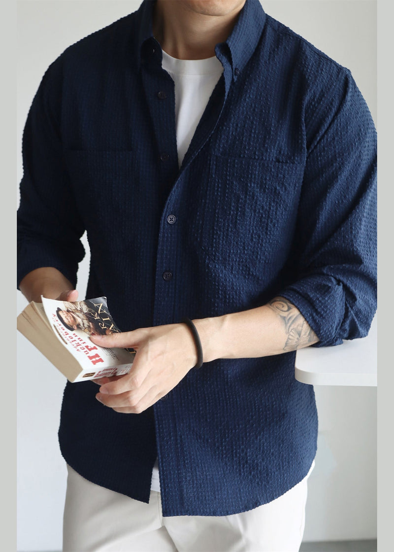 Navy Pockets Cotton Fall Hawaiian Shirts Peter Pan Collar