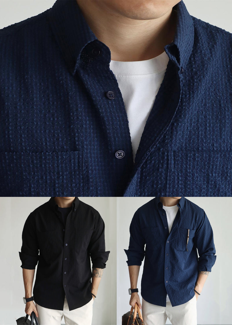 Navy Pockets Cotton Fall Hawaiian Shirts Peter Pan Collar