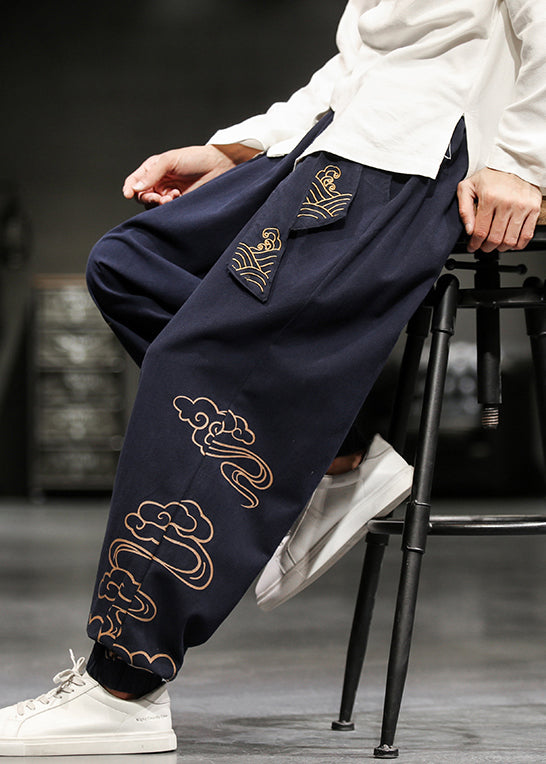 Navy Pockets Cotton Harem Pants High Waist