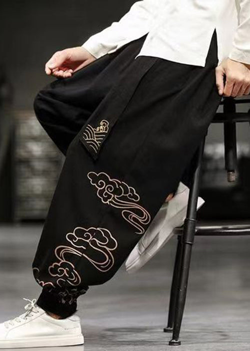 Navy Pockets Cotton Harem Pants High Waist