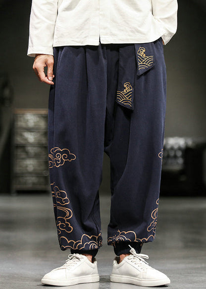 Navy Pockets Cotton Harem Pants High Waist