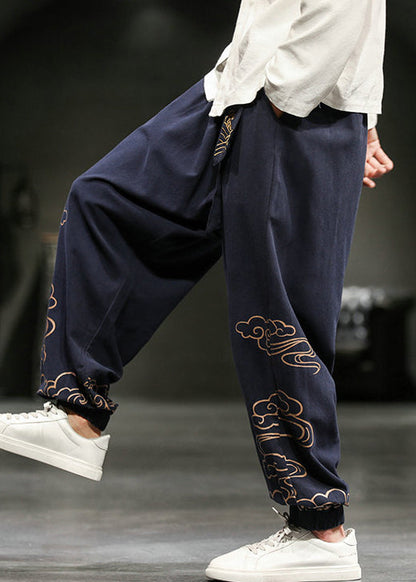 Navy Pockets Cotton Harem Pants High Waist