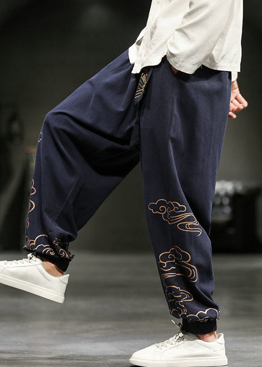Navy Pockets Cotton Harem Pants High Waist