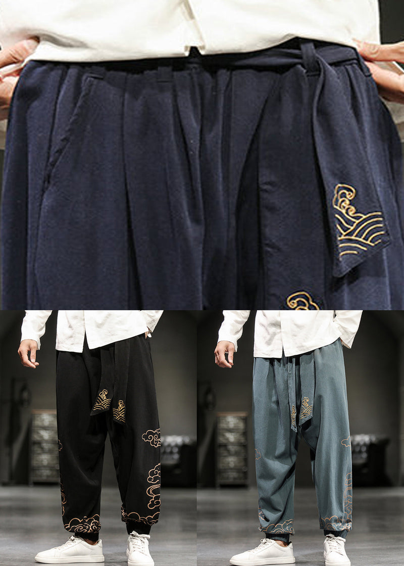 Navy Pockets Cotton Harem Pants High Waist