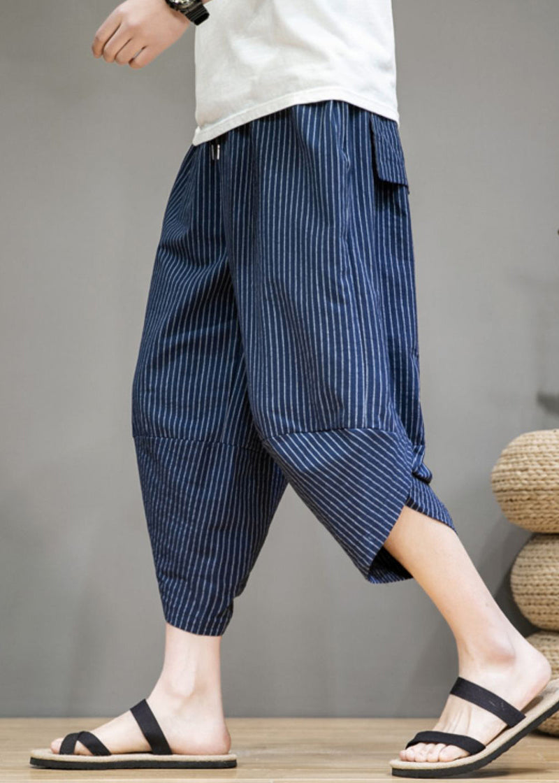 Navy Pockets Cotton Summer Harem Pants Elastic Waist