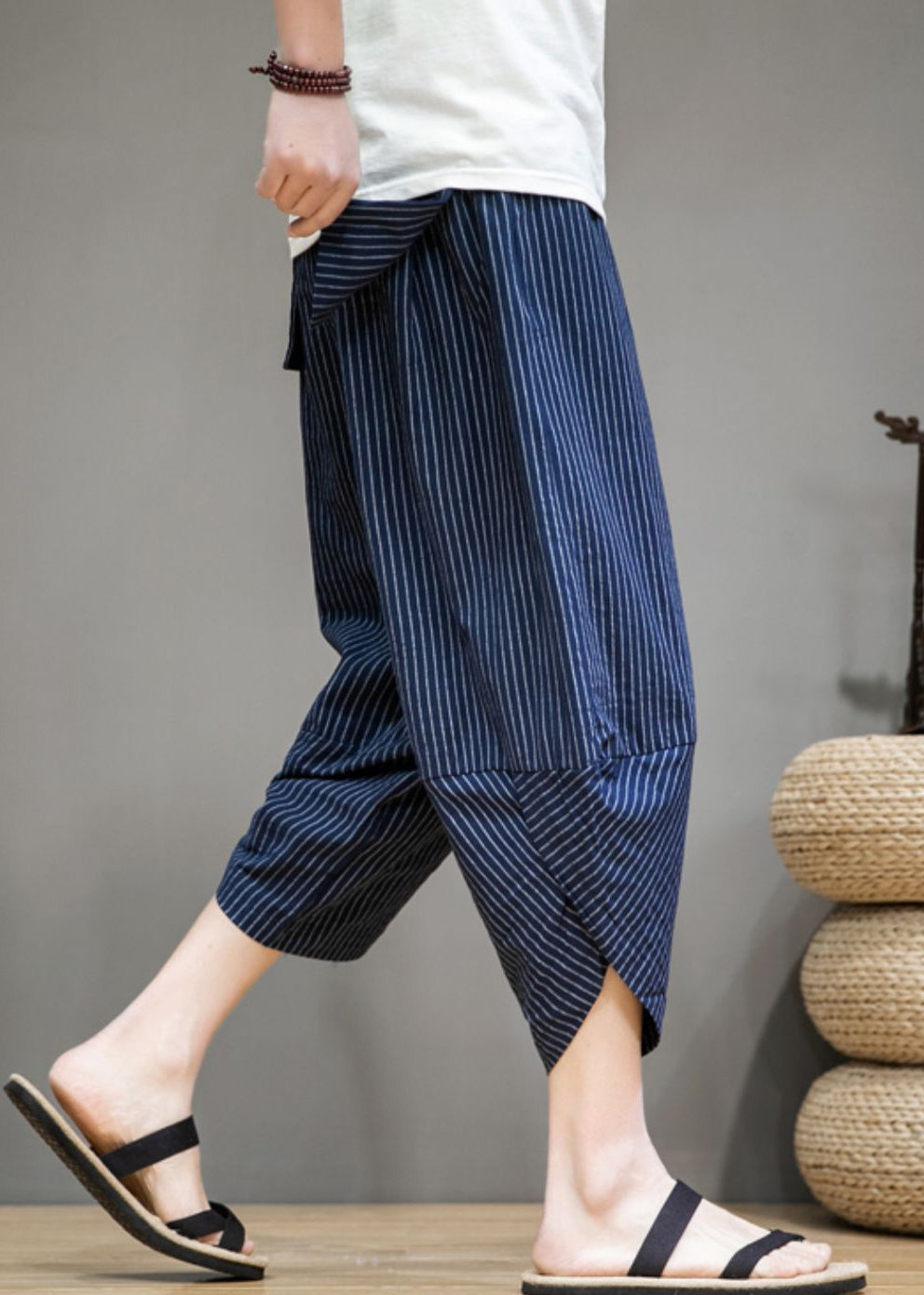 Navy Pockets Cotton Summer Harem Pants Elastic Waist