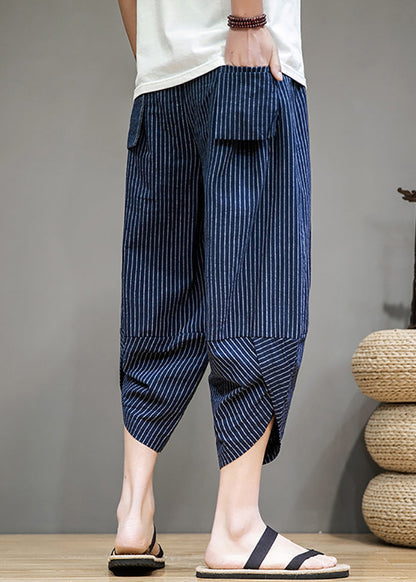 Navy Pockets Cotton Summer Harem Pants Elastic Waist
