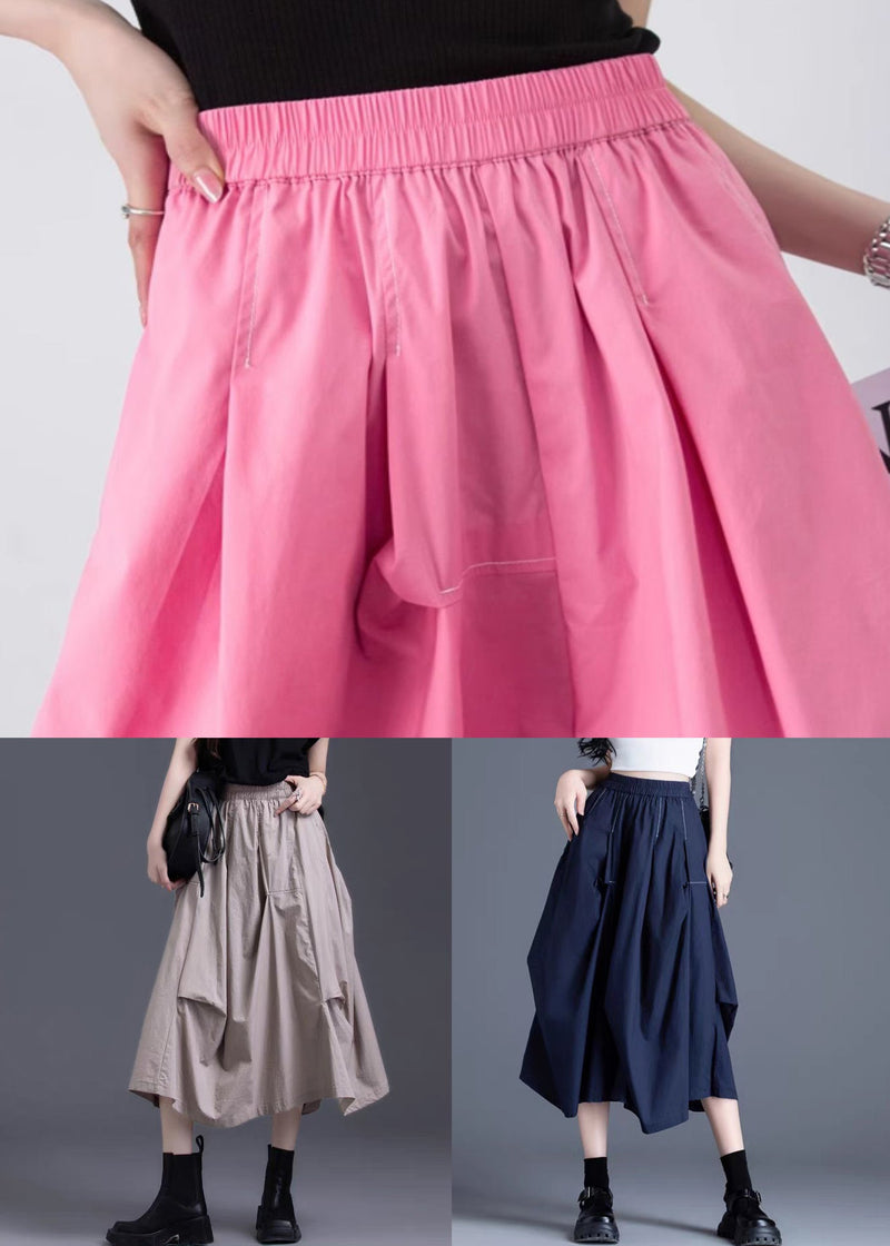 Navy Pockets Elastic Waist Cotton Skirts Wrinkled