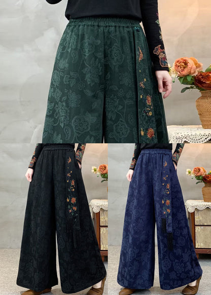 Navy Pockets Jacquard Retro Cotton Pants Embroidered Fall