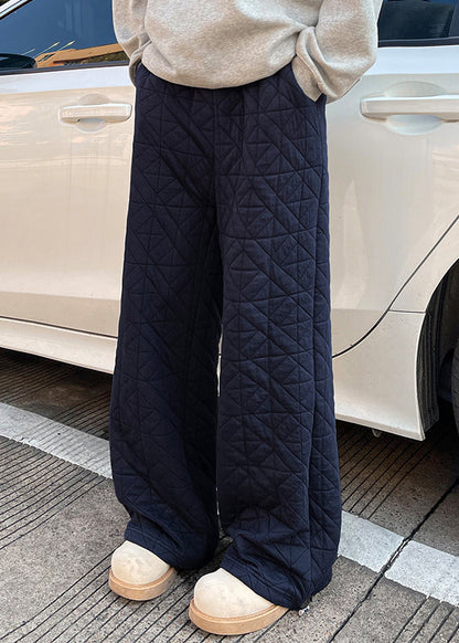 Navy Pockets Loose Cotton Filled Pants Elastic Waist Winter