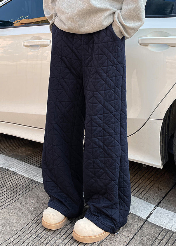 Navy Pockets Loose Cotton Filled Pants Elastic Waist Winter