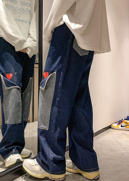 Navy Pockets Patchwork Denim High Waist Pants
