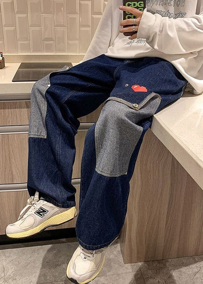 Navy Pockets Patchwork Denim High Waist Pants