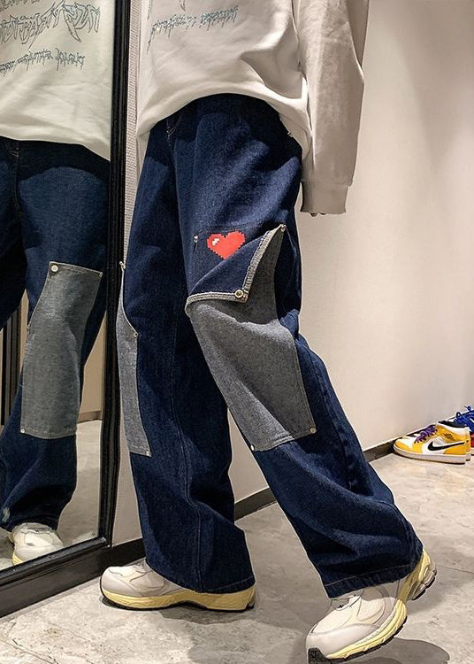Navy Pockets Patchwork Denim High Waist Pants