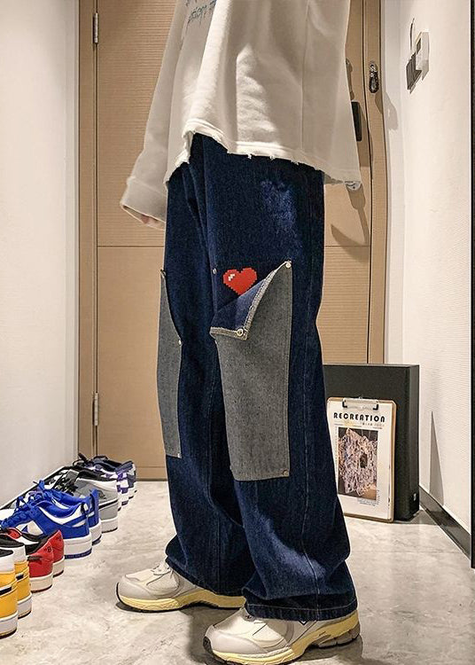 Navy Pockets Patchwork Denim High Waist Pants