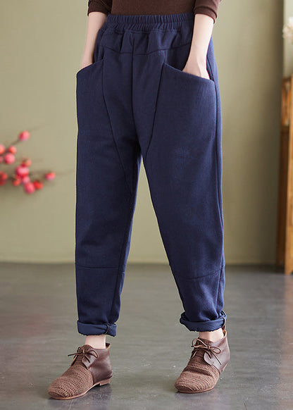 Navy Pockets Patchwork Fine Cotton Filled Pants Elastic Waist Winter