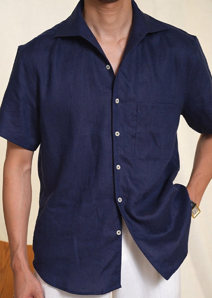 Navy Pockets Linen Summer Shirts Peter Pan Collar