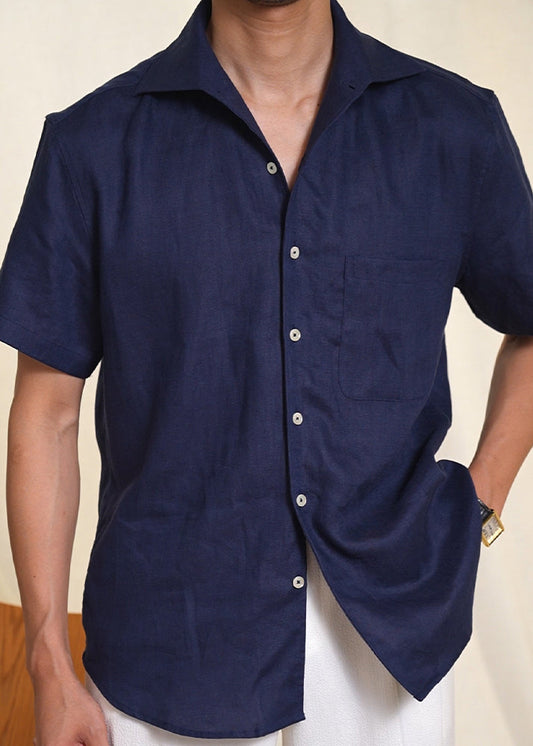 Navy Pockets Linen Summer Shirts Peter Pan Collar