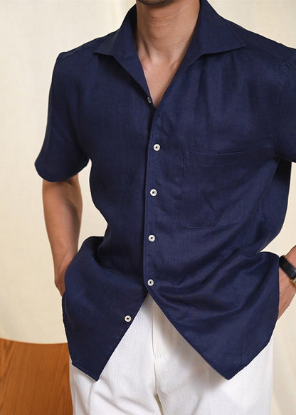 Navy Pockets Linen Summer Shirts Peter Pan Collar