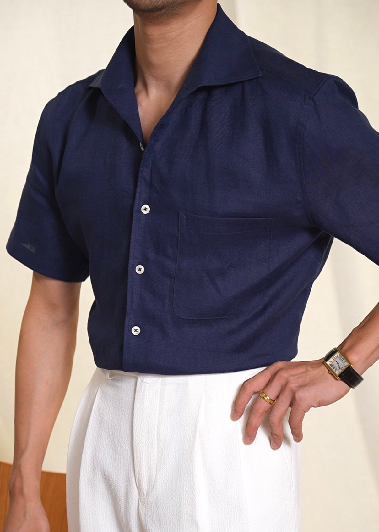 Navy Pockets Linen Summer Shirts Peter Pan Collar