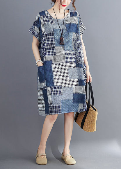 Navy Print Cotton Long Dress O-neck Pockets Summer